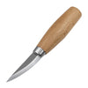 A wooden carving knife with a silver blade and handle.