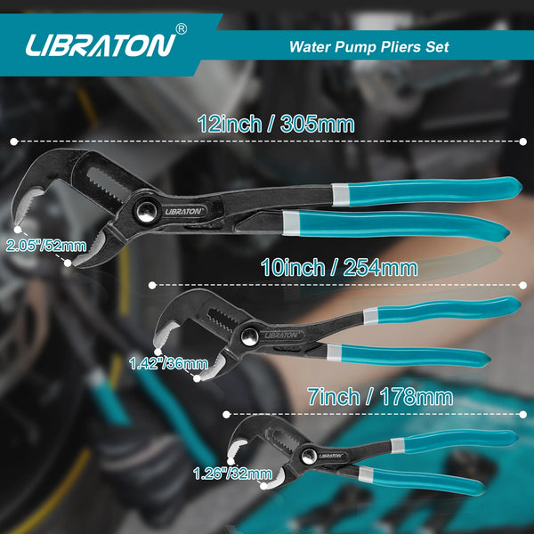 A set of adjustable water pump pliers in black and blue plastic, shown with various sizes labeled.