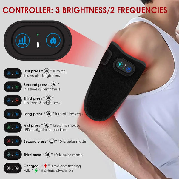 A black controller device is shown next to a person's arm, illustrating its functions for brightness and frequency settings.