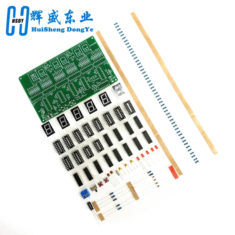 A green circuit board with multiple digital displays and a set of electronic components for a DIY digital clock kit.