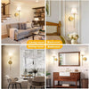Interior photo showing a living room, bedroom, dining room, and bathroom with modern lighting fixtures.