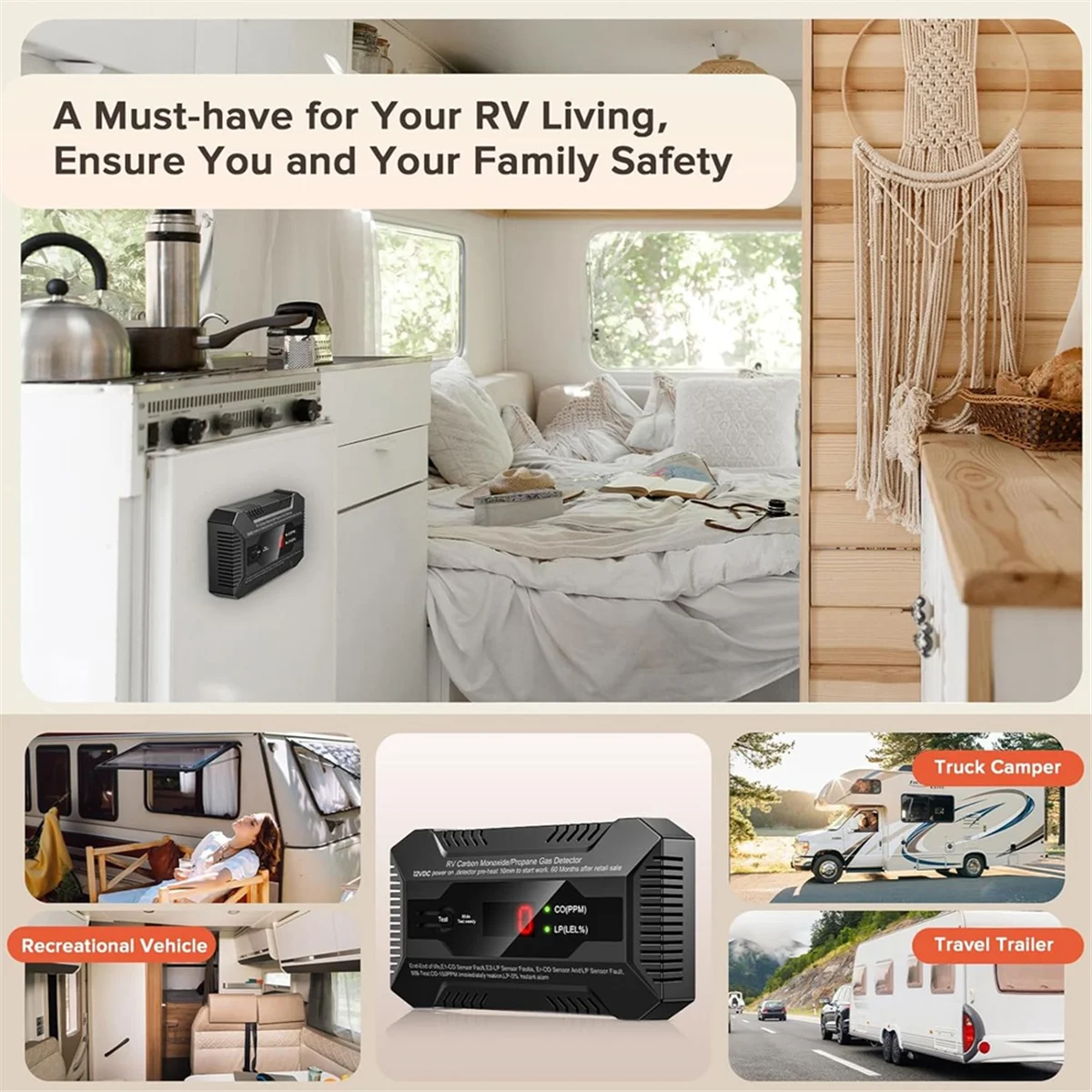 A black dual gas detector for RVs monitors carbon monoxide and propane safety.