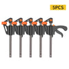 Five black woodworking clamps with orange handles and metal rods shown in a row.