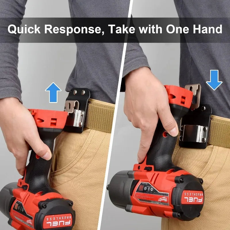 A hand is shown using a red clip-on tool belt hook to quickly attach or detach a tool from a drill.