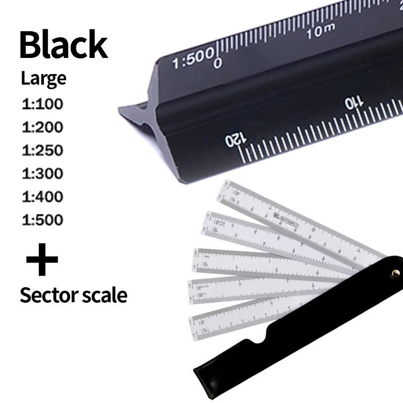 Black precision triangular scale ruler with various magnification scales and a sector scale