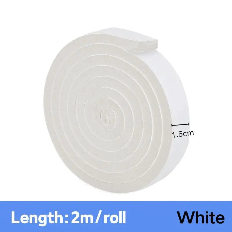 Roll of white self-adhesive foam weather stripping tape for doors and windows