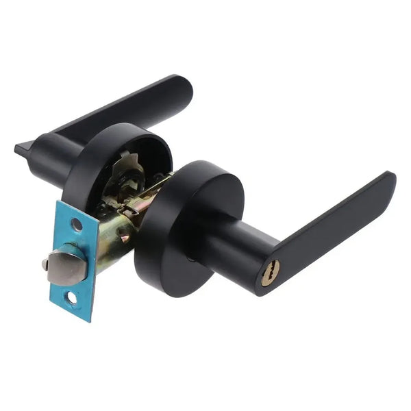 A black three-pole spherical entry lock set with a brass cylinder and a lever handle.