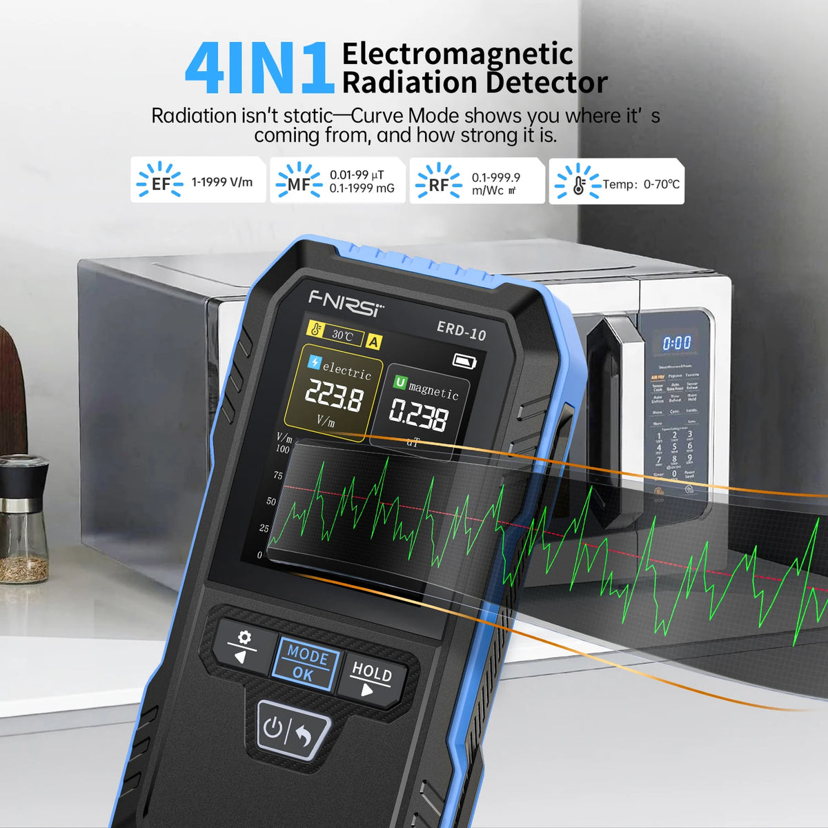 A handheld electromagnetic radiation detector displays a green waveform and numerical readings against a white background.