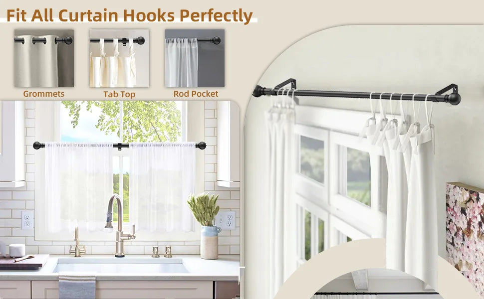 A set of matte black heavy duty curtain rods and accessories including grommets, tab top, and rod pocket for fitting curtains