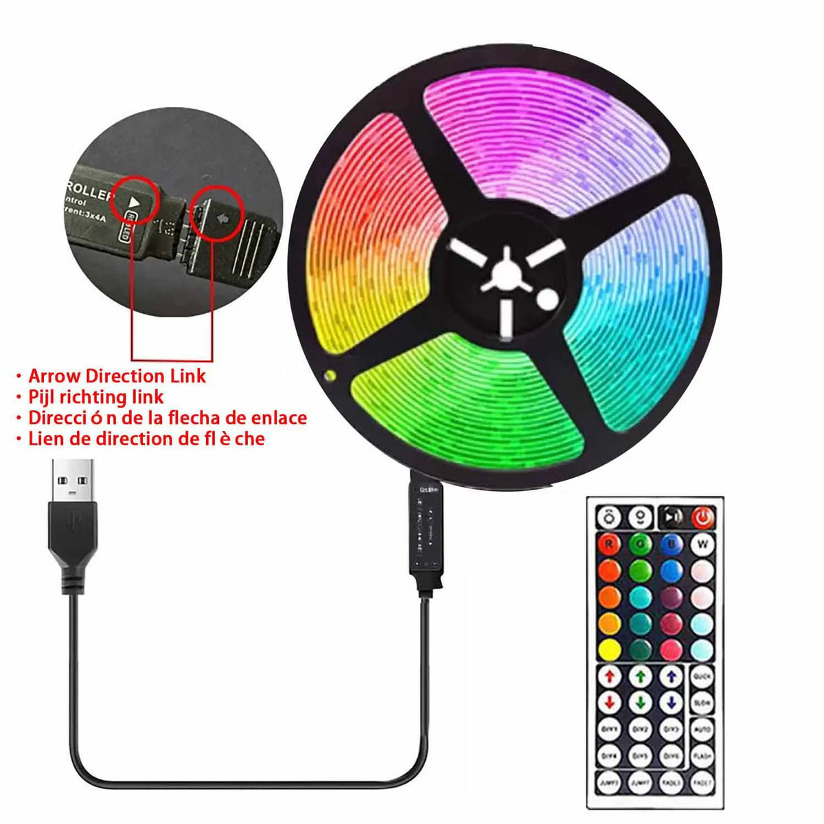 A circular RGB LED light fixture with a USB plug and a control panel for lighting effects.