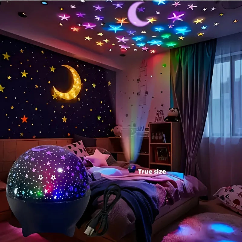 A purple galaxy projection night light illuminates a bedroom with colorful stars and a crescent moon on the wall.