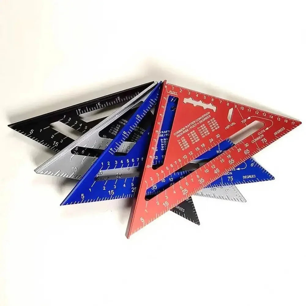 A set of precision triangle square rulers in black, blue, and red for woodworking measurements.