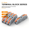 A close-up view of a gray terminal block series connector with orange levers, designed for wire connections.