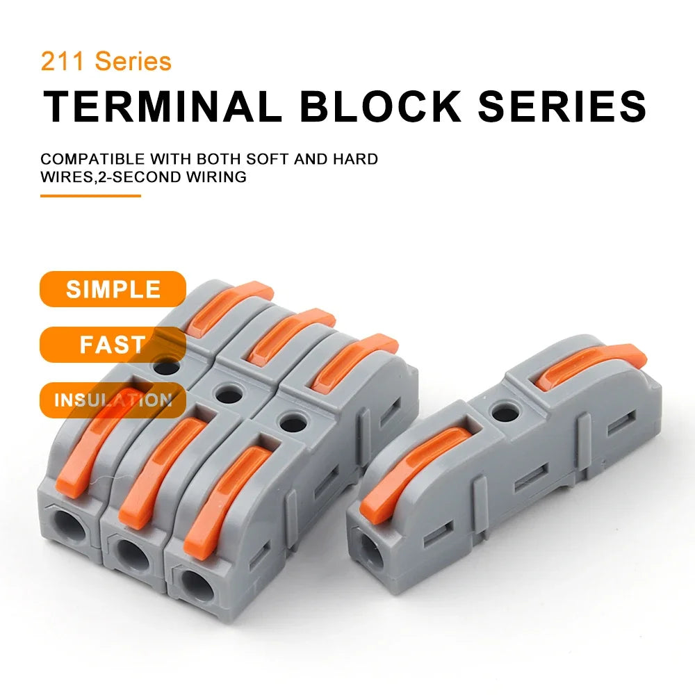 A close-up view of a gray terminal block series connector with orange levers, designed for wire connections.