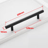 A black stainless steel T-bar cabinet handle with dimensions marked, showing its length and mounting point.