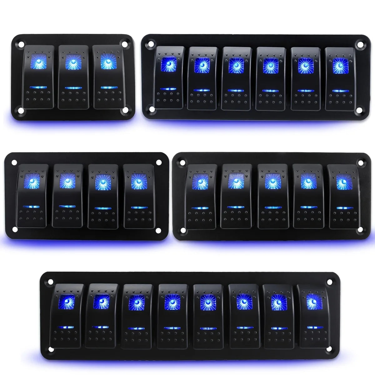A collection of black rocker switch panels for automotive and off-road lighting, featuring multiple illuminated switches.
