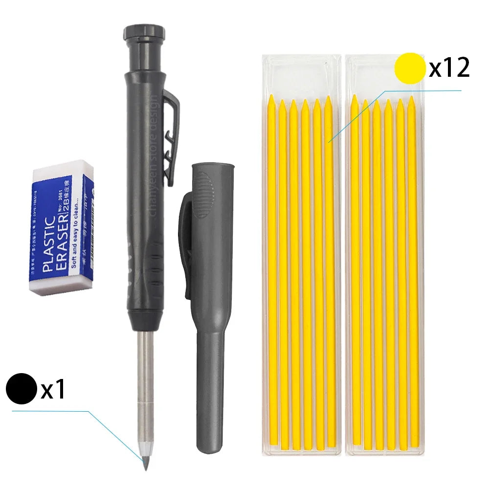 A set of twelve yellow pencils in a clear plastic container with an eraser and pencil tip shown.
