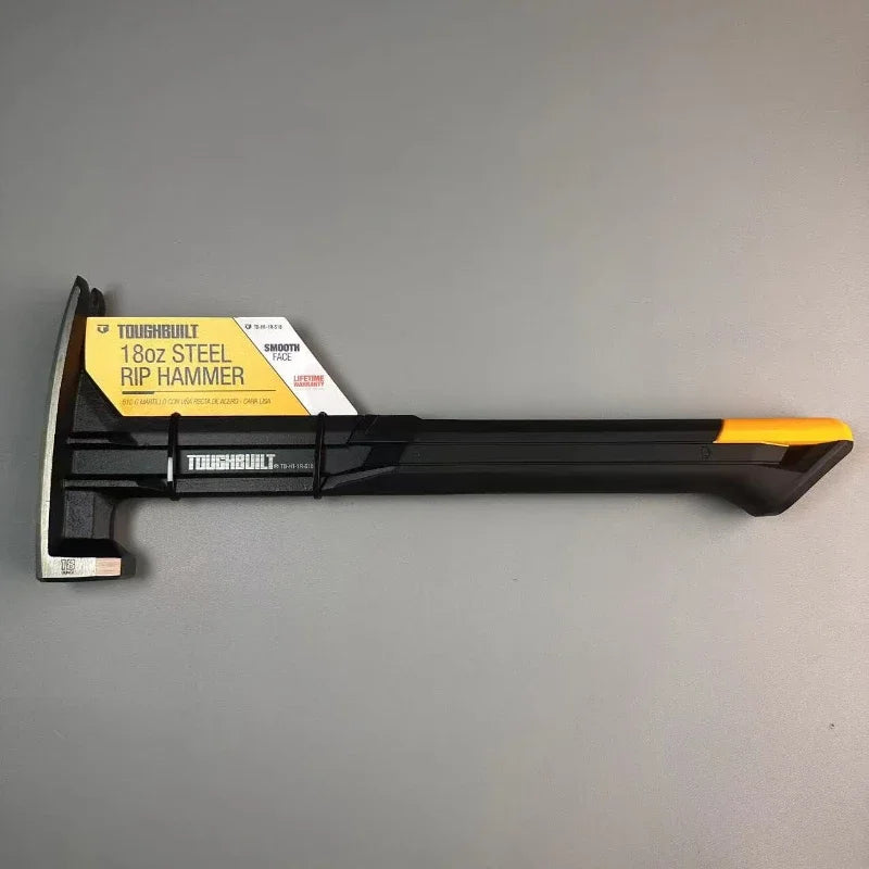 A black and yellow Toughbuilt Rip Hammer tool is shown against a gray background.