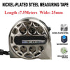 Nickel-plated steel measuring tape with 7.5 meters length and 25mm width