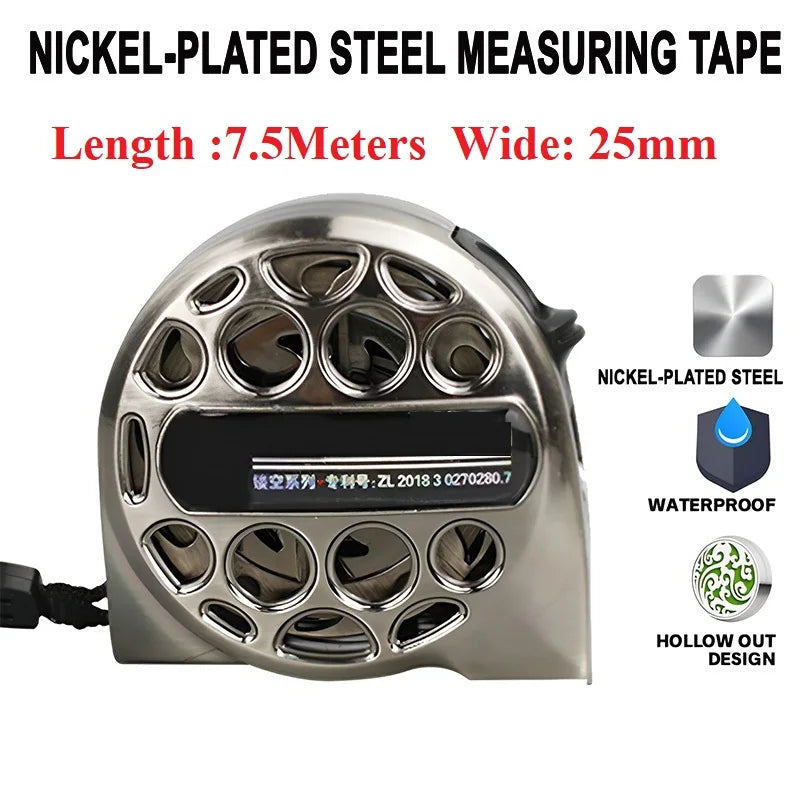 Nickel-plated steel measuring tape with 7.5 meters length and 25mm width