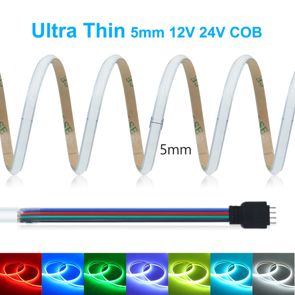 شريط إضاءة LED COB بسمك 5 ملم، بجهد 12 فولت و 24 فولت، مع خيارات ألوان متنوعة