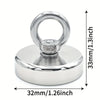Silver neodymium fishing hook magnet with a loop and flat base, measuring 32mm in diameter and 33mm in height.