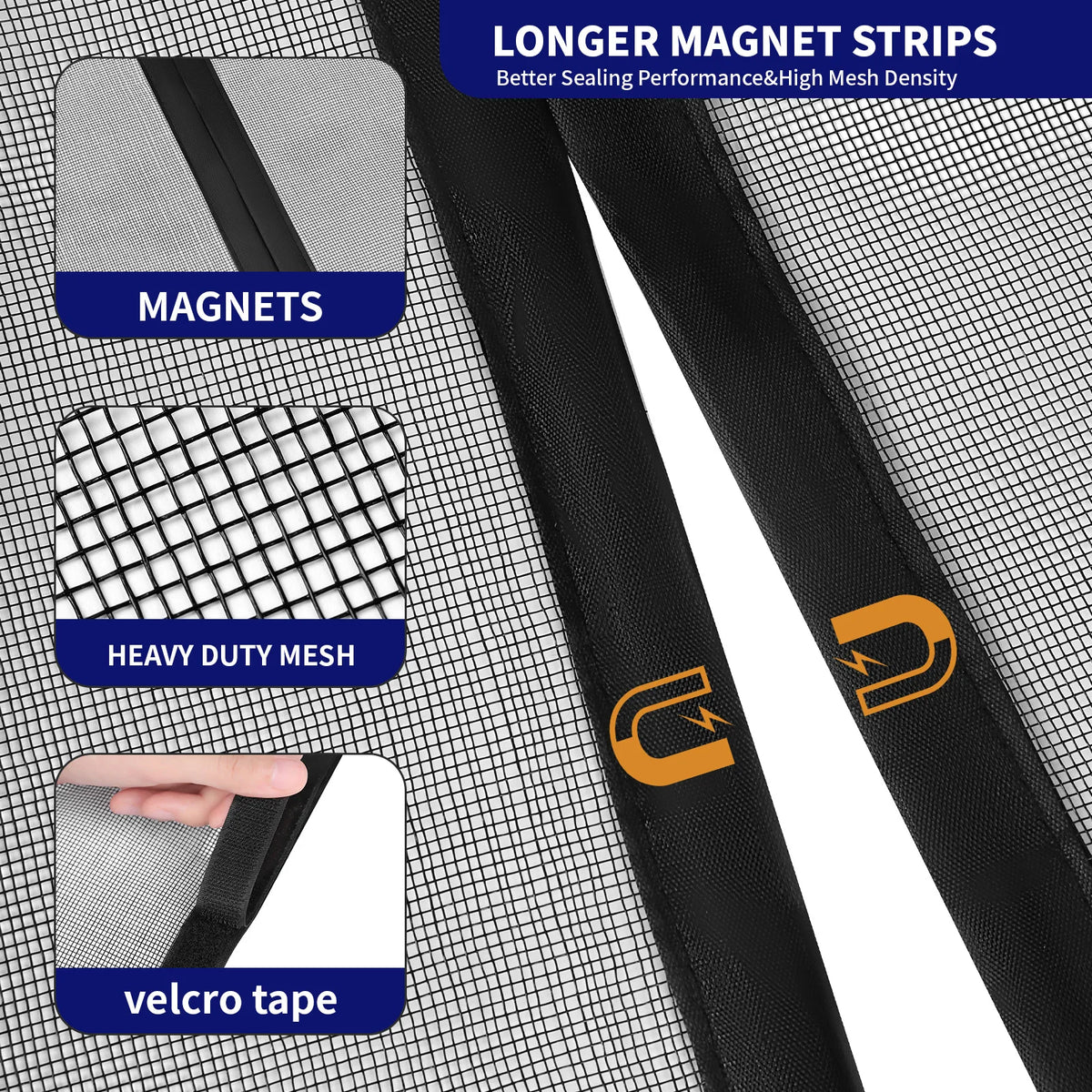 Magnetic strips and heavy duty mesh components for a fiberglass door screen