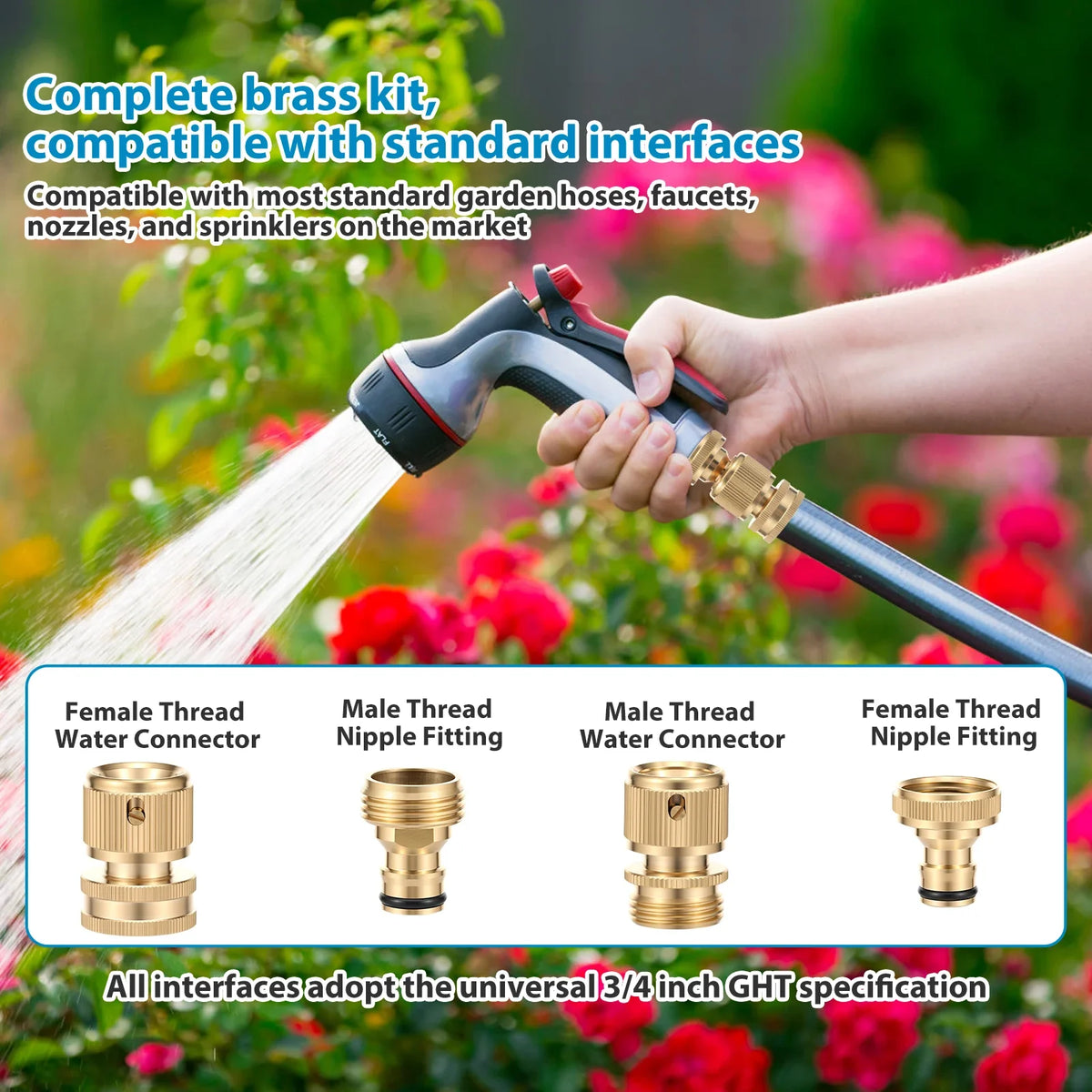 A hand holds a brass garden hose quick connector kit showing various male and female thread fittings for universal use.