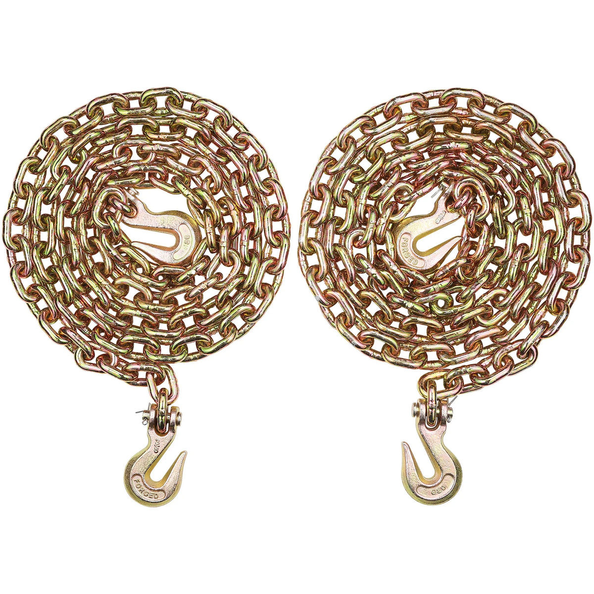 A pair of heavy duty transport binder chain sets with gold-toned links and lobster clasps.