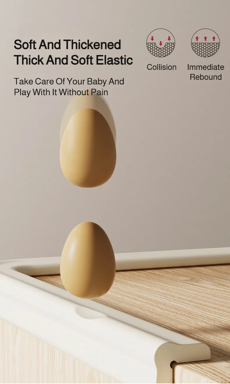 A soft, thick, and elastic baby safety guard in a beige color is shown protecting a table edge.