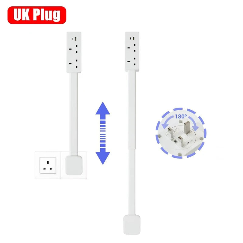 A white rotating electrical outlet extender plug with a flat connector and a long vertical body.