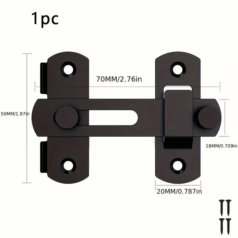 A black stainless steel barn door lock with a rectangular plate and mounting holes.