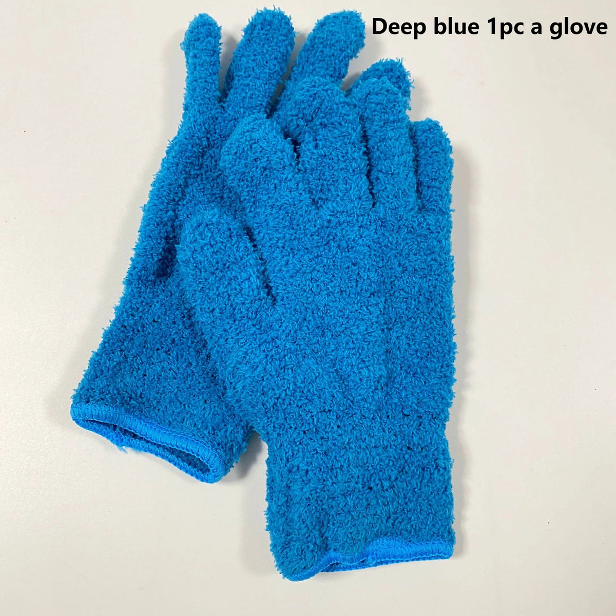 A pair of deep blue microfiber dusting gloves shown against a white background.