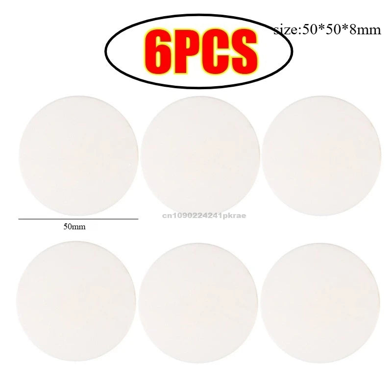 Six white silicone door handle bumpers for wall protection, measuring 50mm in diameter.