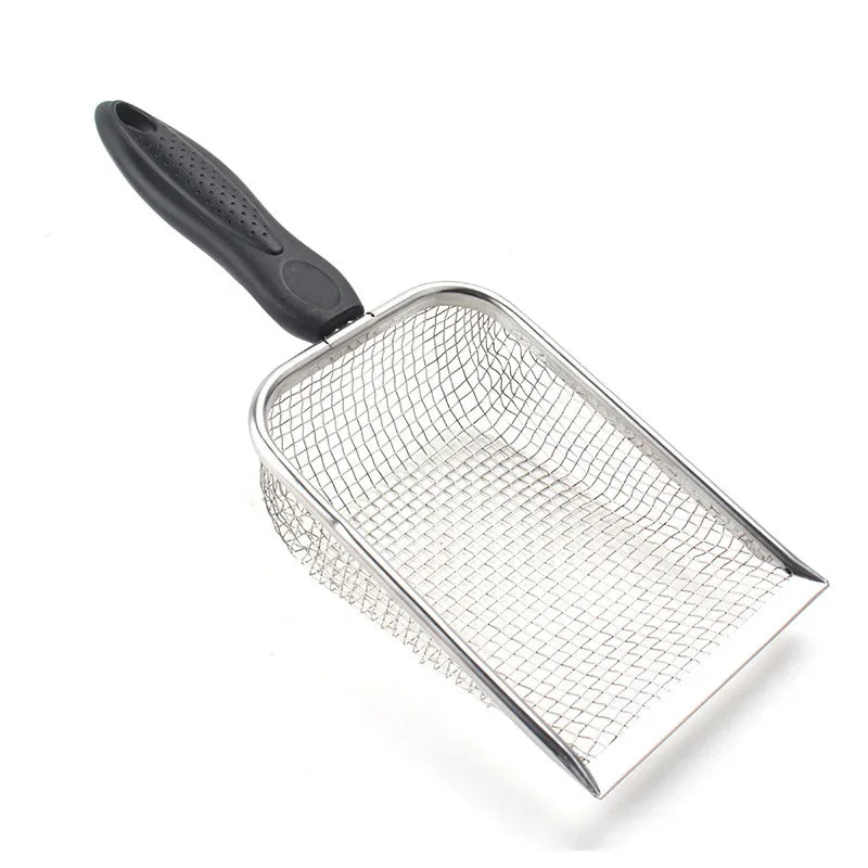Stainless steel cat litter scoop with a black handle and mesh bowl for pet waste removal