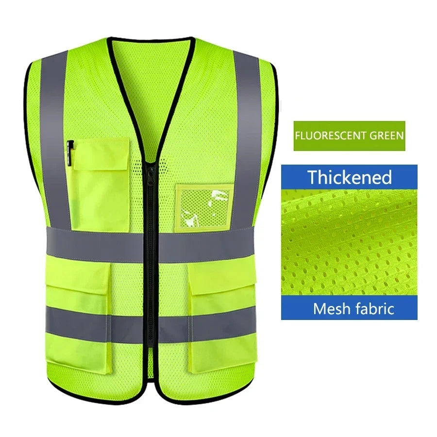 Fluorescent green mesh fabric high-visibility safety vest with reflective stripes