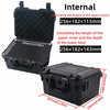 Black waterproof hard carry case with internal and external dimensions shown.