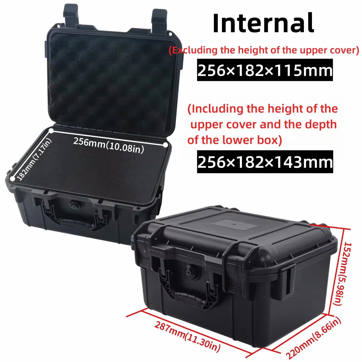 Black waterproof hard carry case with internal and external dimensions shown.