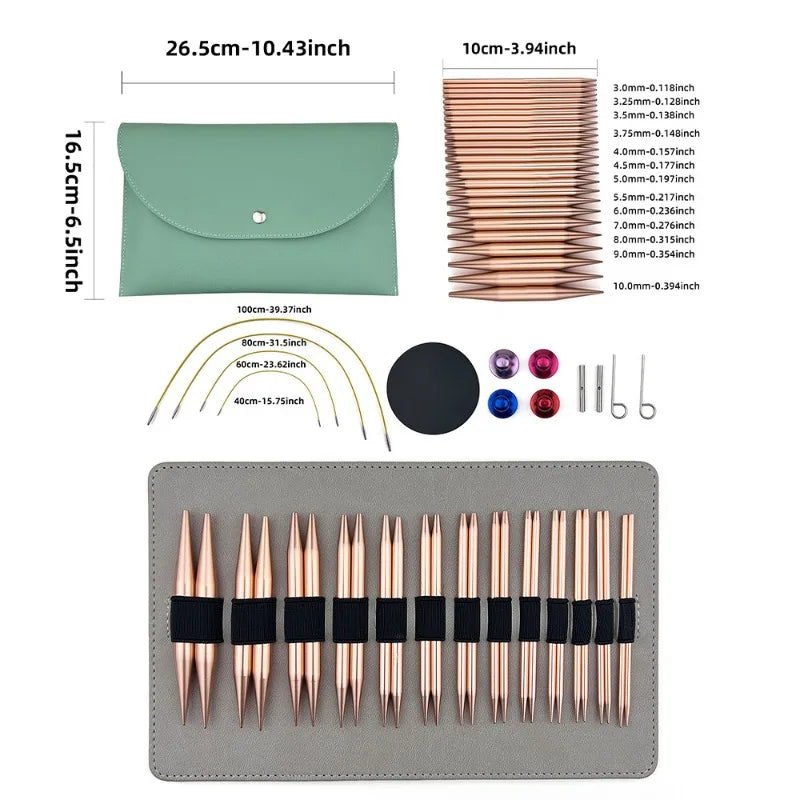 A set of interchangeable aluminum knitting and crochet needles in various sizes laid out on a gray surface.