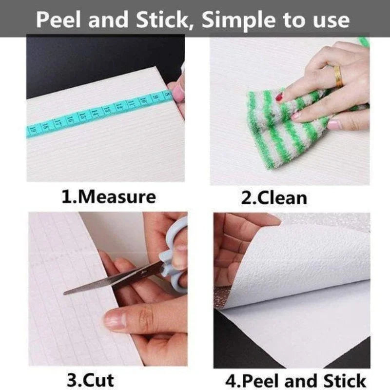 Guide étape par étape montrant comment mesurer, nettoyer, couper et peler du papier d'aluminium autocollant.