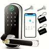 A smart fingerprint door lock device shown with a keypad, physical key, and digital access card on a smartphone.