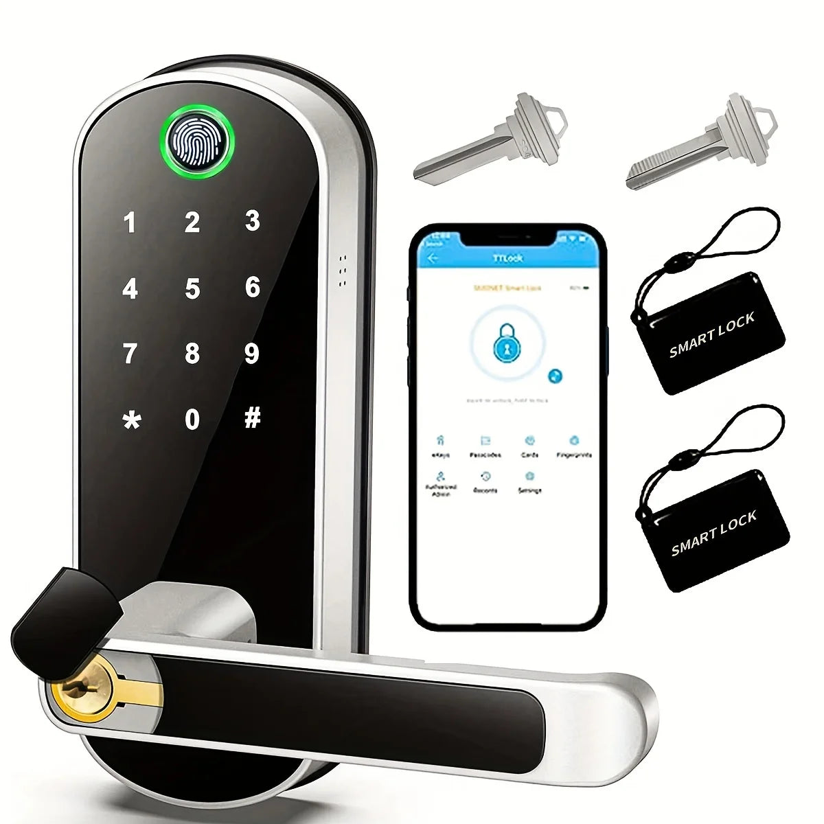 A smart fingerprint door lock device shown with a keypad, physical key, and digital access card on a smartphone.