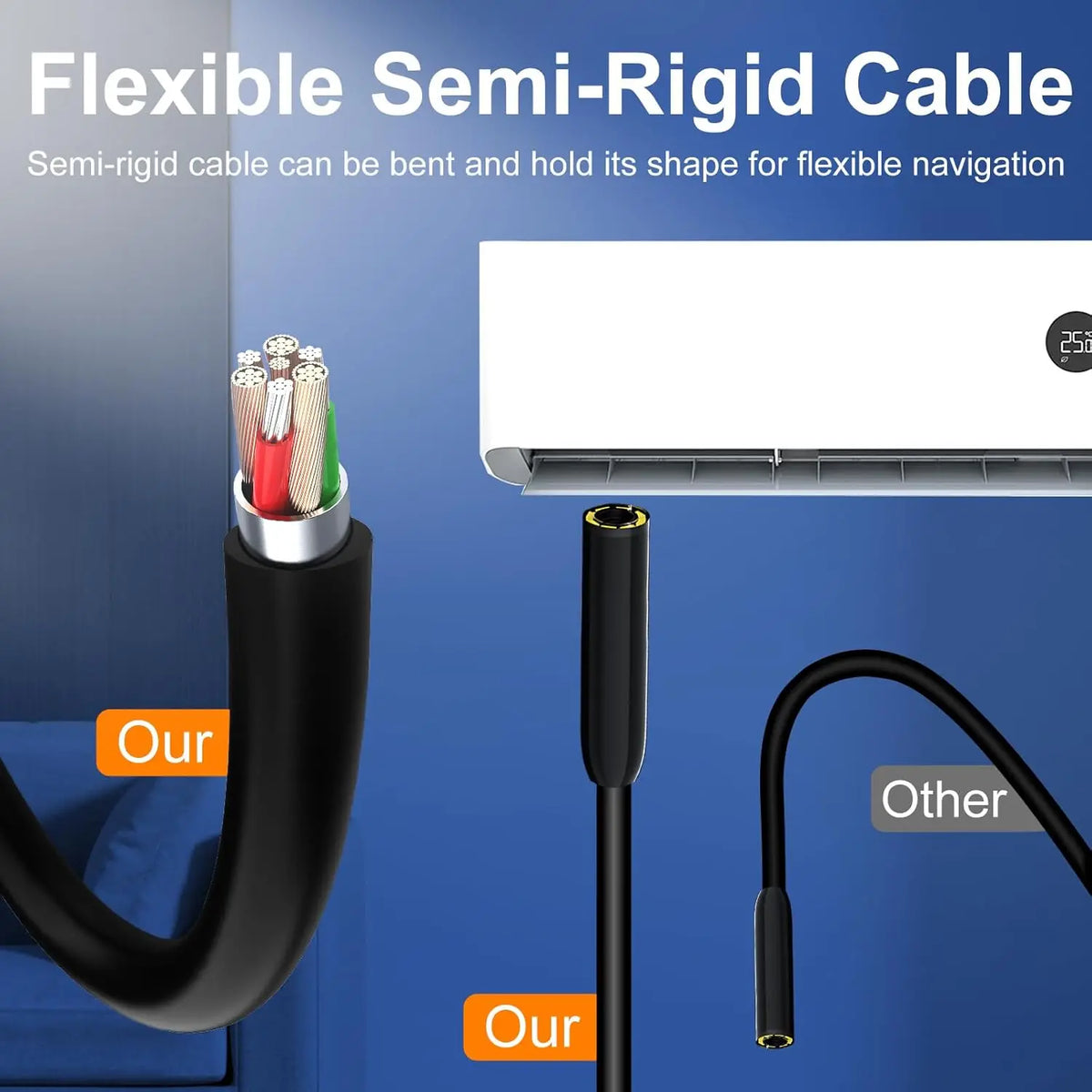 Eine flexible, halbsteife Kabel ist mit einem Gerät für flexible Navigation verbunden.