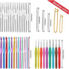 A set of ergonomic crochet hooks with marking clips in various colors and sizes displayed vertically.