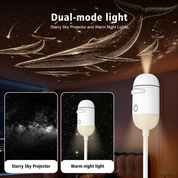 A white dual-mode light projector casting a starry sky and warm night lights onto a wall.