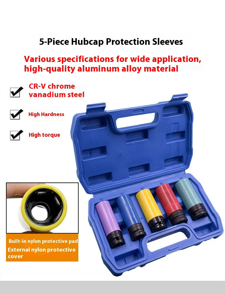 A blue toolbox containing five pieces of 5-piece hubcap protection sleeves made of chromium vanadium steel