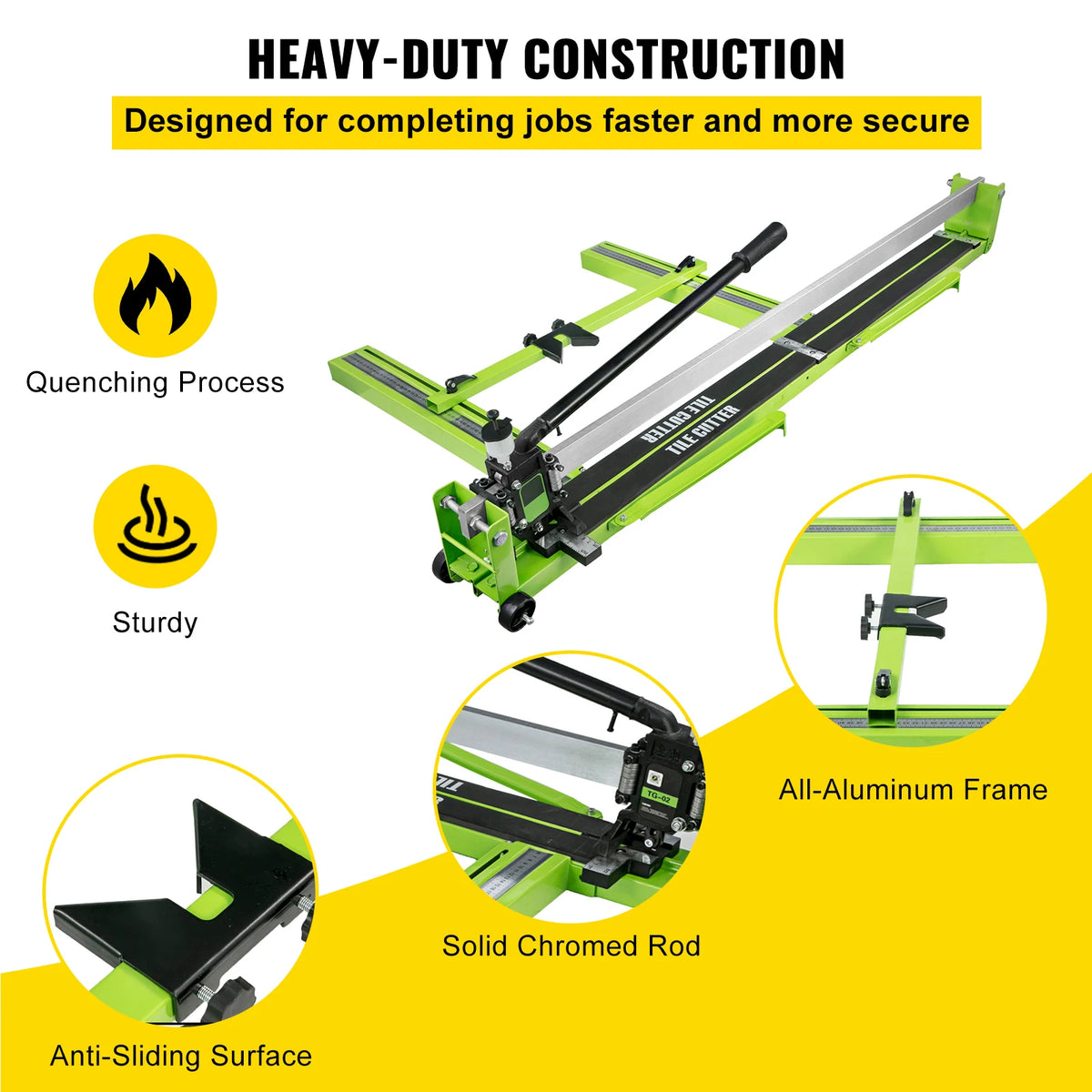 A manual tile cutter with a heavy-duty construction, featuring an all-aluminum frame and solid chromed rods for cutting porce