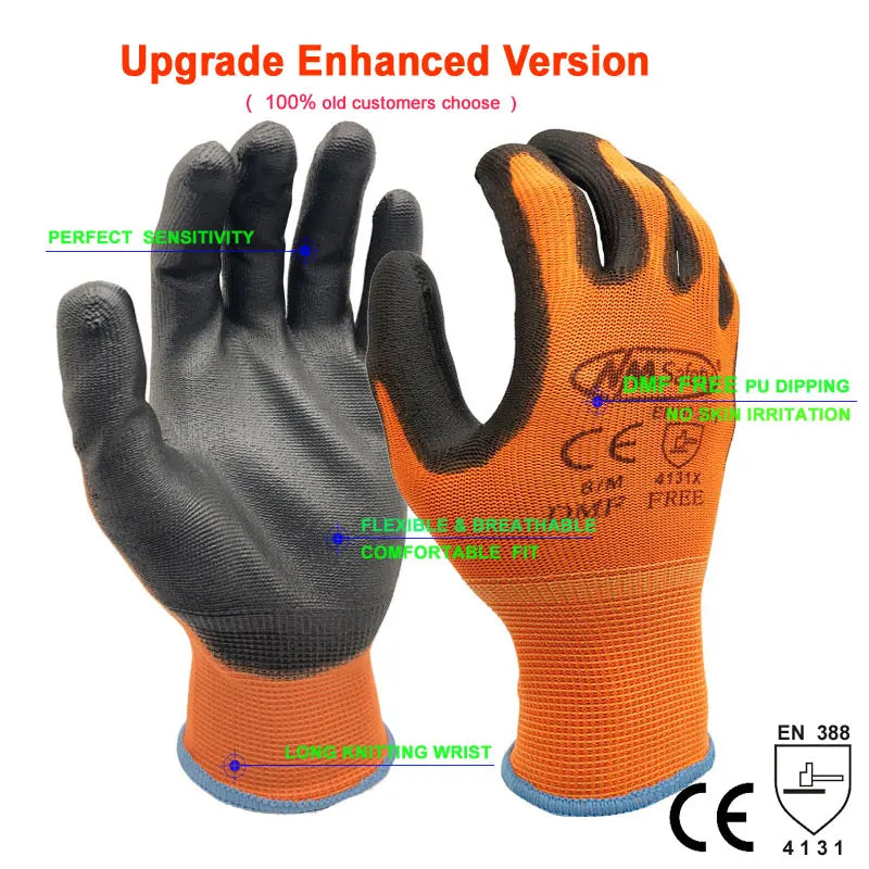 Orange and black heavy-duty PU work gloves showing perfect sensitivity and flexible fit