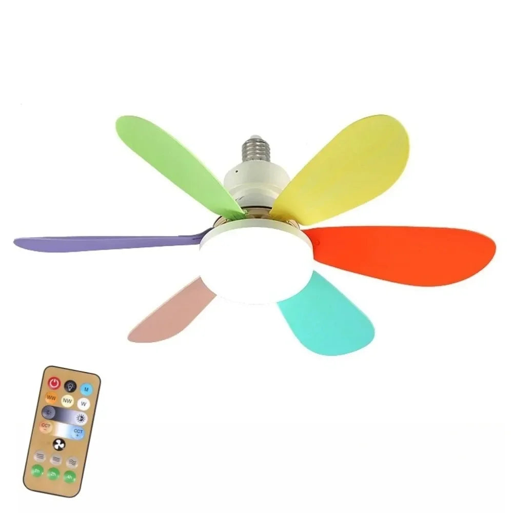 Ventilador de techo con cuatro aspas de colores (verde, amarillo, morado, naranja) y control remoto
