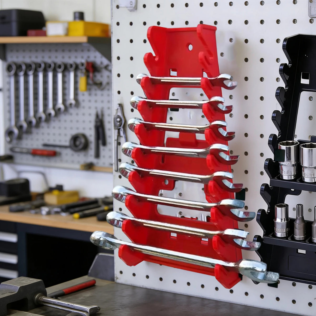 A vertical rack organizer holding multiple red plastic wrenches and sockets.